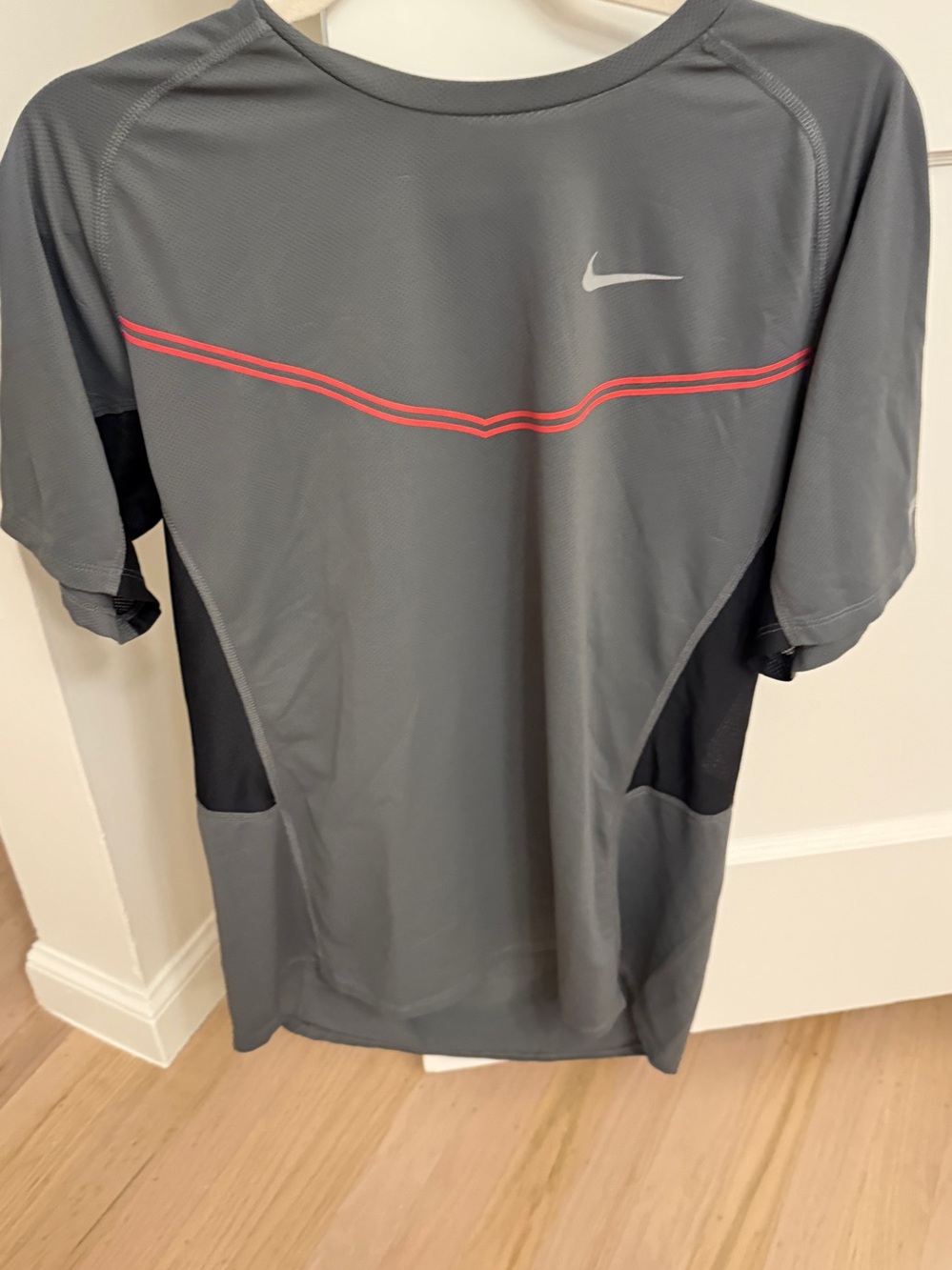 Nike running  Men’s Gray Short-Sleeve Athletic Tee with Red Stripe